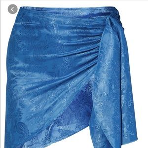 PLT Blue Satin Printed Side Tie Asymmetric Mini Skirt
